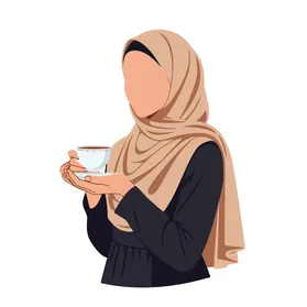 فيكتور رسم توضيحي لامرأة عربية خليجية سعودية ترتدي العباءة والحجاب تمسك بيدها كوب دافئ من القهوة أو الشاي بلطف، تعابير السلام والتأمل الهادئ، الاستمتاع بالمشروبات الساخنة ،  فيكتور اليستريتور