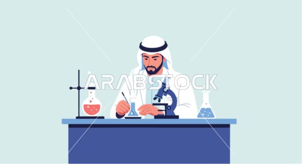 An illustration vector of an Emirati scientist wearing a lab coat conducting research at his desk with scientific equipment in front of him, embodying the spirit of innovation and progress in the United Arab Emirates, vector illustrator.