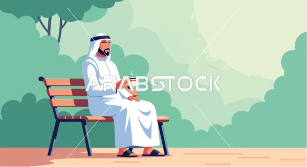 فيكتور رسم توضيحي لرجل عربي خليجي اماراتي يرتدي الكندورة والغترة يستمتع بمشروب دافئ على مقعد في حديقة خضراء، الاستمتاع بالمشروبات الساخنة ، فيكتور اليستريتور