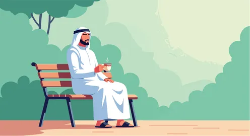 فيكتور رسم توضيحي لرجل عربي خليجي اماراتي يرتدي الكندورة والغترة يستمتع بمشروب دافئ على مقعد في حديقة خضراء، الاستمتاع بالمشروبات الساخنة ، فيكتور اليستريتور