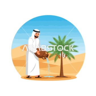 Vector illustration of an Emirati Gulf Arab man wearing a kandura and ghutrah watering a date palm in the desert, concept of agriculture and life in arid lands, vector illustrator.