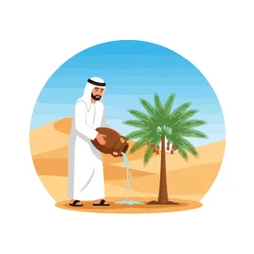 Vector illustration of an Emirati Gulf Arab man wearing a kandura and ghutrah watering a date palm in the desert, concept of agriculture and life in arid lands, vector illustrator.