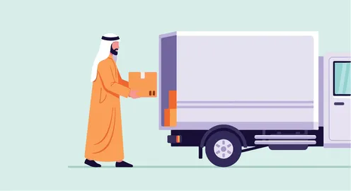رجل عربي يرتدي الزي التقليدي يقوم بتحميل طرد بكفاءة في شاحنة توصيل، يرمز إلى الخدمات اللوجستية الحديثة والنقل الموثوق في المنطقة.