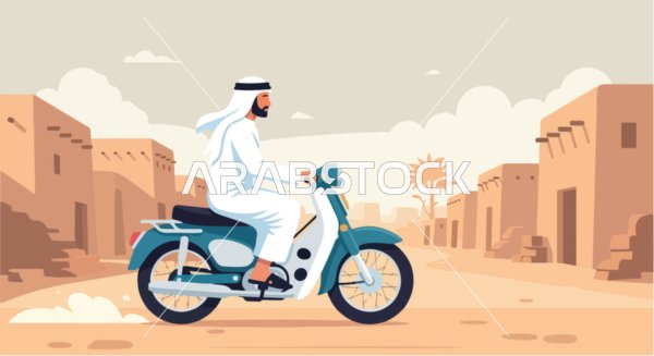 Vector illustration of an Emirati Gulf Arab man wearing a kandura and ghutrah riding an old scooter through a historical desert village, modern means of transportation, vector illustrator.