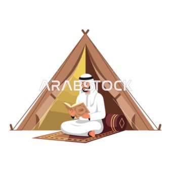 Man in traditional attire reads a book inside a tent, peaceful scene.
