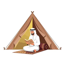 Man in traditional attire reads a book inside a tent, peaceful scene.