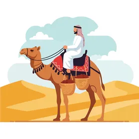 رجل بدوي يركب جملاً عبر الصحراء حاملاً التمور في سلال.