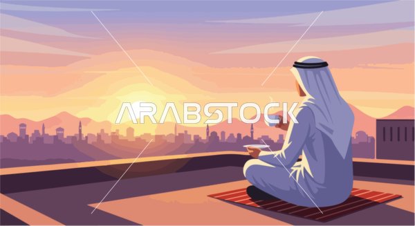 فيكتور رسم توضيحي لرجل عربي خليجي اماراتي يرتدي الكندورة والغترة يستمتع بشروق الشمس فوق المدينة من على سطح منزل، لحظات التفكير والتأمل، فيكتور اليستريتور