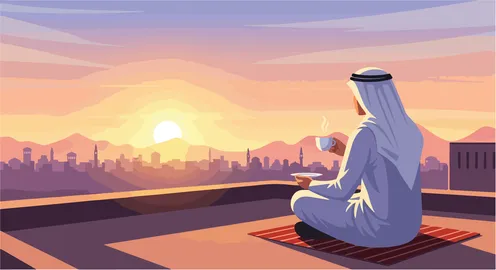 فيكتور رسم توضيحي لرجل عربي خليجي اماراتي يرتدي الكندورة والغترة يستمتع بشروق الشمس فوق المدينة من على سطح منزل، لحظات التفكير والتأمل، فيكتور اليستريتور