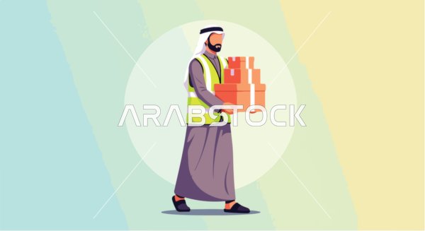 Vector illustration of an Emirati Gulf Arab man wearing a kandura, ghutrah, and jacket, carrying multiple packages with a smile, delivering orders to homes, vector illustrator.