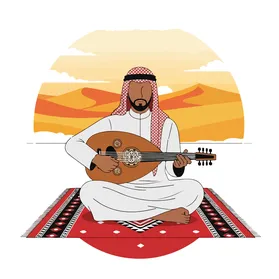 ترنيمة موسيقي: رجل عربي يعزف على العود في الصحراء