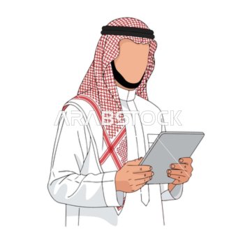 Vector illustration of a Saudi Arabian Gulf man wearing a ghutrah and traditional attire holding a tablet in his hand, using modern technological devices, vector illustrator.