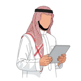 Vector illustration of a Saudi Arabian Gulf man wearing a ghutrah and traditional attire holding a tablet in his hand, using modern technological devices, vector illustrator.