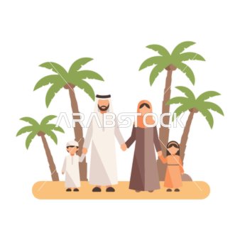 فيكتور رسم توضيحي لعائلة عربية محبة تستمتع بإجازة استوائية وسط أشجار النخيل، قضاء اوقات ممتعه مع الاهل ،فيكتور اليستريتور