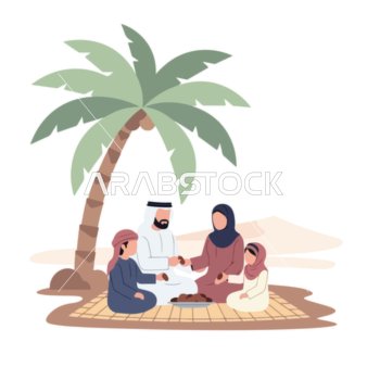 فيكتور رسم توضيحي لعائلة عربية تجتمع تحت شجرة النخيل يتبادلون التمر في منظر طبيعي صحراوي، قضاء اوقات ممتعه مع الاهل ،فيكتور اليستريتور