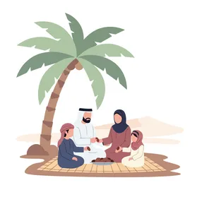 فيكتور رسم توضيحي لعائلة عربية تجتمع تحت شجرة النخيل يتبادلون التمر في منظر طبيعي صحراوي، قضاء اوقات ممتعه مع الاهل ،فيكتور اليستريتور