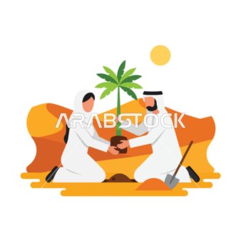 An illustration vector of an Arab couple from the Gulf, specifically from the UAE, planting a palm tree in the desert, a symbol of growth and prosperity, vector illustrator.