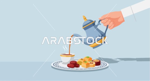 Vector illustration of a Gulf Arab man's hand pouring Arabic coffee with dates and sweets, traditional hospitality and welcoming, vector illustrator.