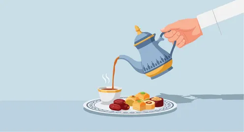 فيكتور رسم توضيحي ليد رجل عربي خليجي يسكب القهوة العربية مع التمر والحلويات، الترحيب التقليدي وحسن الاستقبال والضيافة، فيكتور اليستريتور