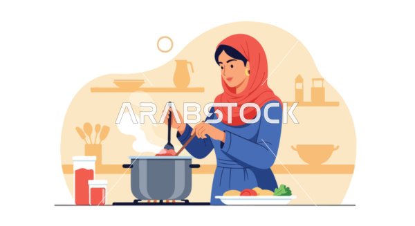 Victor illustration of a Saudi Arabian woman from the Gulf region, wearing an abaya and hijab, preparing a delicious meal in her warm and welcoming kitchen. Victor Illustrator