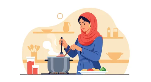 Victor illustration of a Saudi Arabian woman from the Gulf region, wearing an abaya and hijab, preparing a delicious meal in her warm and welcoming kitchen. Victor Illustrator