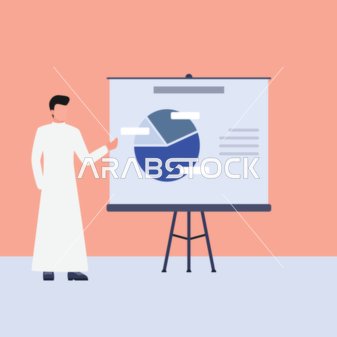 Vector illustration of a Gulf businessman giving a presentation, studying statistical graphs, charts, and statistical diagrams, vector illustrator.