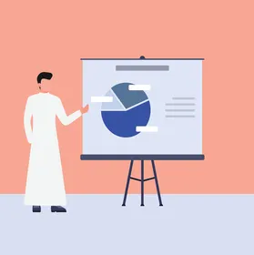 فيكتور رسم توضيحي  لرجل اعمال خليجي يقوم بتقديم العرض التقديمي, دارسة الاحصائيات البيانية, الرسوم والمخططات الاحصائية, فيكتور اليستريتور