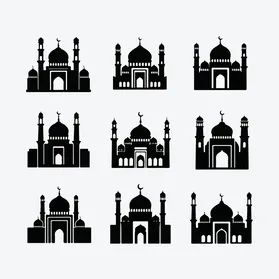And shadow icons of Islamic mosques, sacred religious places, design of the Arab mosque icon, various Islamic drawings, white background, vector illustrator.