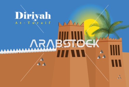 Vector for the At-Turaif site in Diriyah, one of the World Heritage sites in Riyadh, Saudi Arabia, featuring traditional Najdi architectural design made of clay and palm trees with a modern artistic touch, cultural, educational, and tourism projects, vector illustrator.