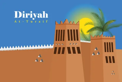 Vector for the At-Turaif site in Diriyah, one of the World Heritage sites in Riyadh, Saudi Arabia, featuring traditional Najdi architectural design made of clay and palm trees with a modern artistic touch, cultural, educational, and tourism projects, vector illustrator.