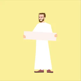 A cartoon vector of a smiling Gulf Arab man holding a sign, advertising something, vector illustrator.