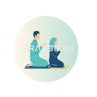 فيكتور ايقونة لرجل عربي خليجي يجسو على ركبتيه يصلي برفقة زوجتة ، اداء فريضة الصلاة ، فيكتور اليستريتور