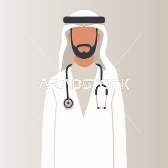 تقديم الاستشارة الطبية ،اعطاء الخدمات للمرضى ، صحة واطباء, رسم كرتوني لطبيب عربي خليجي سعودي يرتدي الغترة و المعطف الطبي و السماعة الطبية ، الرعاية الصحية السعودية، خلفية رمادي, فيكتور اليستريتور.