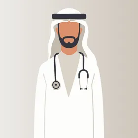 تقديم الاستشارة الطبية ،اعطاء الخدمات للمرضى ، صحة واطباء, رسم كرتوني لطبيب عربي خليجي سعودي يرتدي الغترة و المعطف الطبي و السماعة الطبية ، الرعاية الصحية السعودية، خلفية رمادي, فيكتور اليستريتور.