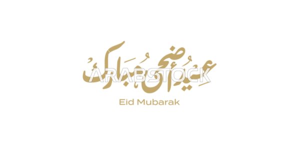 Celebrating the arrival of Eid, phrases and texts in Arabic, Happy Eid al-Adha, a manuscript in authentic Arabic calligraphy, Islamic greetings and congratulations, happy occasions and holidays, white background, vector illustration.