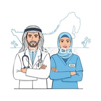 An illustration of an Arab doctor and nurse in the healthcare field from the Middle East wearing medical attire, standing with confident expressions, a modern medical team for hospitals and health services, vector illustrator.