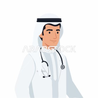 An illustration of an Emirati Gulf Arab doctor wearing a medical coat and stethoscope, standing with a confident expression, healthcare from the Middle East, a modern medical team for the hospital and health services, vector illustrator.