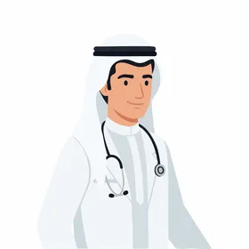 An illustration of an Emirati Gulf Arab doctor wearing a medical coat and stethoscope, standing with a confident expression, healthcare from the Middle East, a modern medical team for the hospital and health services, vector illustrator.