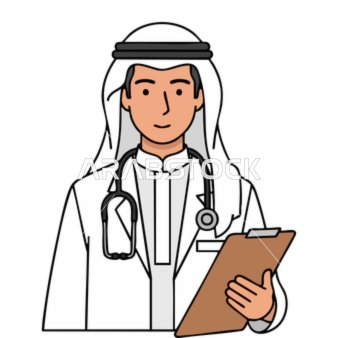 تدوين الملاحظات الطبية ، رسم توضيحي لطبيب عربي خليجي اماراتي يرتدى المعطف الطبي والسماعه يقف بتعابير الثقة بالنفس ،الرعاية الصحية من الشرق الأوسط ، فريق طبي حديث للمستشفى وخدمات الصحة ، فيكتور اليستريتور