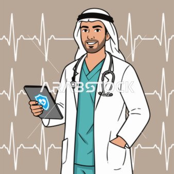 تدوين الملاحظات الطبية ، رسم توضيحي لطبيب عربي خليجي اماراتي يرتدى المعطف الطبي والسماعه يقف بتعابير الثقة بالنفس ،الرعاية الصحية من الشرق الأوسط ، فريق طبي حديث للمستشفى وخدمات الصحة ، فيكتور اليستريتور