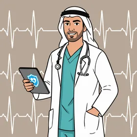 تدوين الملاحظات الطبية ، رسم توضيحي لطبيب عربي خليجي اماراتي يرتدى المعطف الطبي والسماعه يقف بتعابير الثقة بالنفس ،الرعاية الصحية من الشرق الأوسط ، فريق طبي حديث للمستشفى وخدمات الصحة ، فيكتور اليستريتور