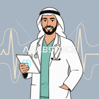 تدوين الملاحظات الطبية ، رسم توضيحي لطبيب عربي خليجي اماراتي يرتدى المعطف الطبي والسماعه يقف بتعابير الثقة بالنفس ،الرعاية الصحية من الشرق الأوسط ، فريق طبي حديث للمستشفى وخدمات الصحة ، فيكتور اليستريتور