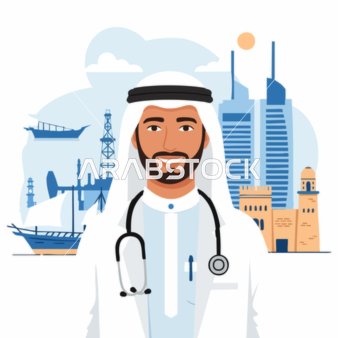 رسم توضيحي لطبيب عربي خليجي اماراتي يرتدى المعطف الطبي والسماعه يقف بتعابير الثقة بالنفس ،الرعاية الصحية من الشرق الأوسط ، فريق طبي حديث للمستشفى وخدمات الصحة ، خلفية الابراج، فيكتور اليستريتور