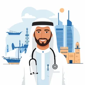 رسم توضيحي لطبيب عربي خليجي اماراتي يرتدى المعطف الطبي والسماعه يقف بتعابير الثقة بالنفس ،الرعاية الصحية من الشرق الأوسط ، فريق طبي حديث للمستشفى وخدمات الصحة ، خلفية الابراج، فيكتور اليستريتور