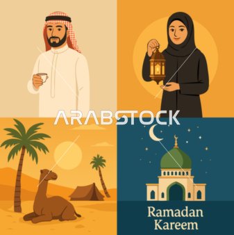 رسومات توضيحيه  لرجل عربي سعودي يمسك كوب من القهوة، امرأة مسلمة تحمل فانوس، جمل في الصحراء، مسجد في الليل مع هلال ، رمضان كريم ، مفهوم الثقافة الإسلامية فى الاعياد، فيكتور اليستريتور