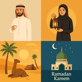 رسومات توضيحيه  لرجل عربي سعودي يمسك كوب من القهوة، امرأة مسلمة تحمل فانوس، جمل في الصحراء، مسجد في الليل مع هلال ، رمضان كريم ، مفهوم الثقافة الإسلامية فى الاعياد، فيكتور اليستريتور