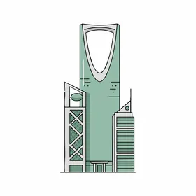 رسم كرتوني لبرج المملكة في مدينة الرياض، معالم وأماكن سياحية مشهورة في المملكة العربية السعودية، الفن الهندسي المعماري لبناء الأبراج وناطحات السحاب على الطراز الحديث، خلفية بيضاء، فيكتور اليستريتور