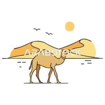 مفهوم الاهتمام والعناية بالثدييات وحيوان الجمل، وسائل النقل القديمة في بادية المملكة العربية السعودية, رسم توضيحي لناقة بنية اللون، جبال وشمس في الخلفية، خلفية بيضاء, فيكتور اليستريتور