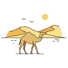 مفهوم الاهتمام والعناية بالثدييات وحيوان الجمل، وسائل النقل القديمة في بادية المملكة العربية السعودية, رسم توضيحي لناقة بنية اللون، جبال وشمس في الخلفية، خلفية بيضاء, فيكتور اليستريتور