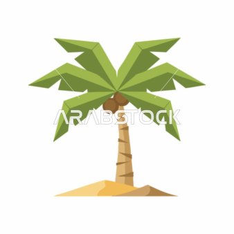 مفهوم الاهتمام والعناية بالنباتات والاشجار الكبيرة، أشجار النخيل في المملكة العربية السعودية, رسم كرتوني لنخلة ، خلفية بيضاء, فيكتور اليستريتور